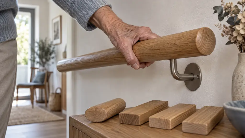 Editorial close-up photograph of a senior hand gripping a 42 mm round oak handrail mounted on a wall support, with oval and rounded-edge rectangular wood profile samples nearby, natural indoor light, no text or logo