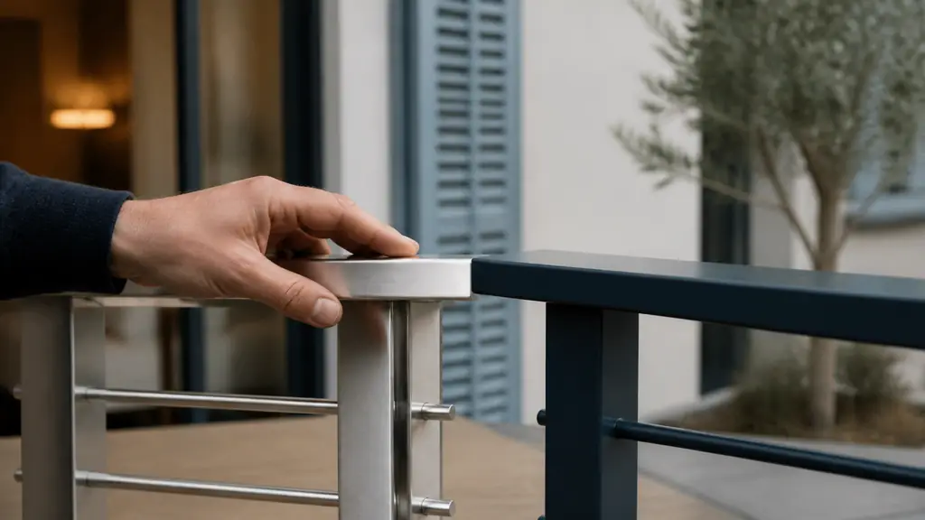 Editorial close-up photograph of aluminium guardrail modules with a stainless-steel look beside a colour thermolacquered steel sample, while a homeowner compares both finishes by hand, no text or logo