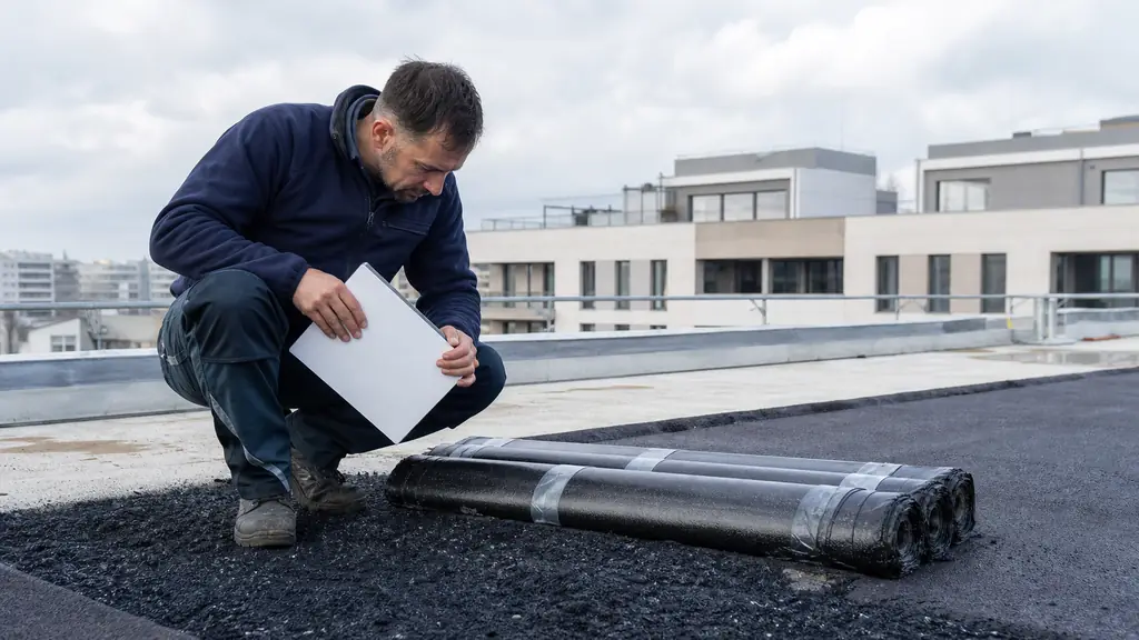 Construction professional inspecting bituminous multilayer waterproofing rolls on a rooftop terrace beside freshly applied asphalt, holding an unbranded clipboard with no visible text or logo