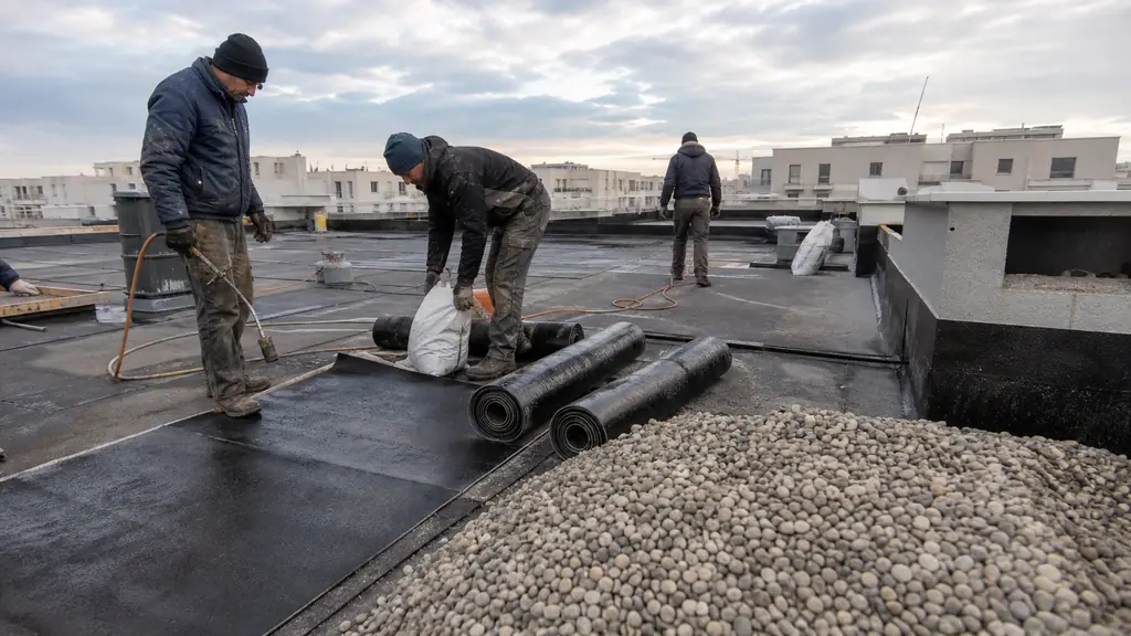 Rooftop waterproofing crew handling asphalt powder bags, bituminous multilayer membranes and a pile of 4/20 gravel, editorial construction photography with no visible text or logo