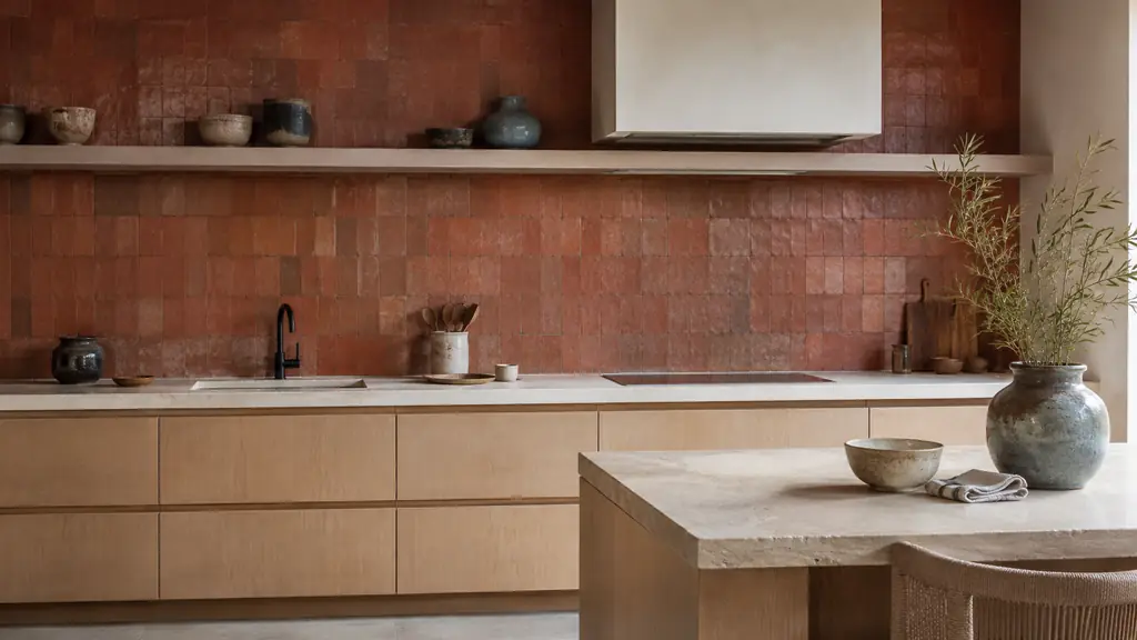 Editorial interior photograph of a contemporary kitchen with terracotta rust-effect wall tiles, pale stone countertop, light wood cabinetry and matte black metal fixtures, natural daylight, no text, no logo