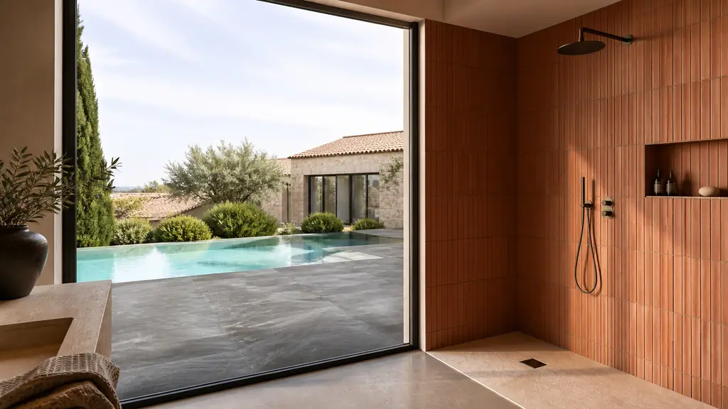 Editorial photograph of a bright bathroom opening onto a pool terrace, with structured rust-toned shower tiles, visible grout lines and an anthracite slip-resistant outdoor floor, no text, no logo