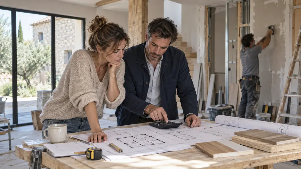 Homeowner and renovation adviser reviewing floor plans with a calculator inside an unfinished house while a craftsperson works in the background, editorial photography, no text, no logo