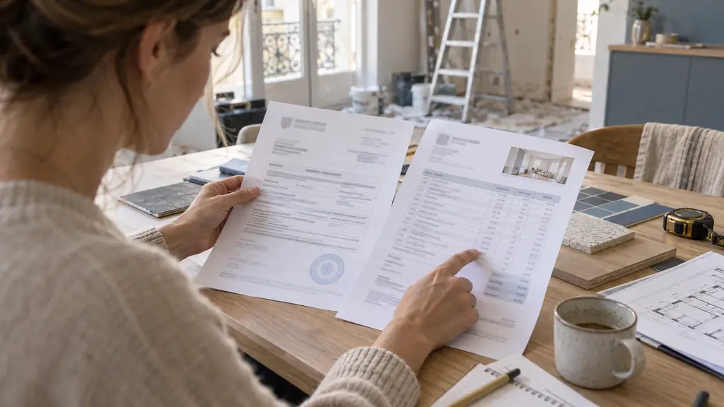 Homeowner checking a contractor insurance certificate against a detailed renovation quote, with insurer contact details and validity dates visible but unreadable, editorial photography, no text, no logo