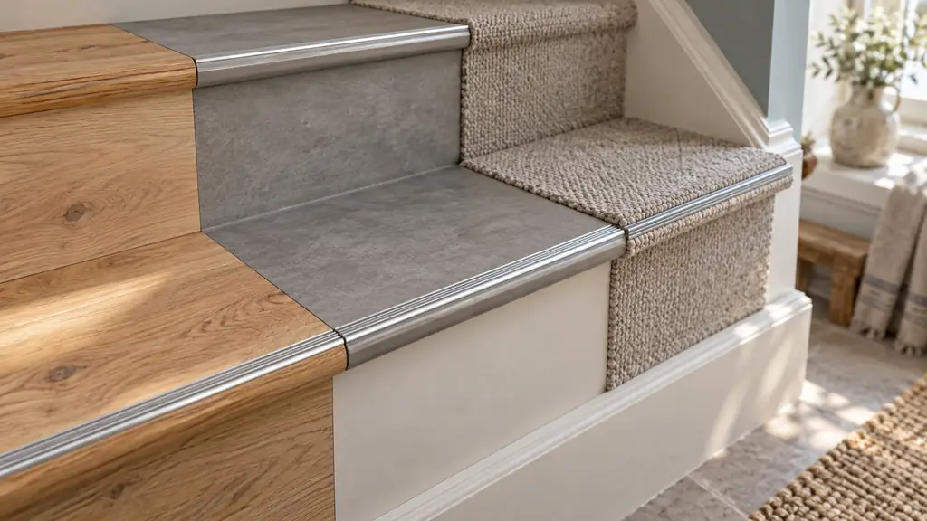 close-up editorial photograph of an oak stair tread beside a fitted grey vinyl tread and a carpet sample, with visible anti-slip stair nosing