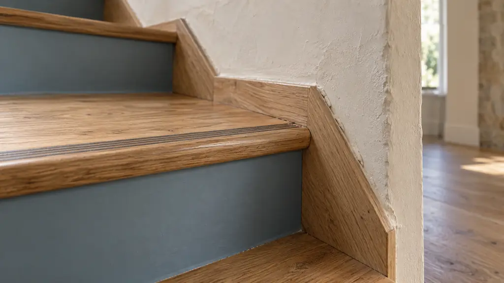 editorial close-up photograph of a renovated wooden staircase showing a fitted anti-slip stair nosing, contrasting painted riser, and oak side trim against an irregular wall