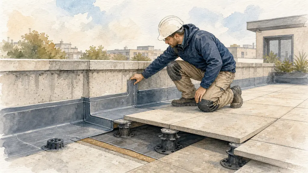 Roofer inspecting waterproofing upstands around a concrete roof terrace parapet, with PVC membrane and paving slabs on adjustable supports visible, editorial photography, no text, no logo
