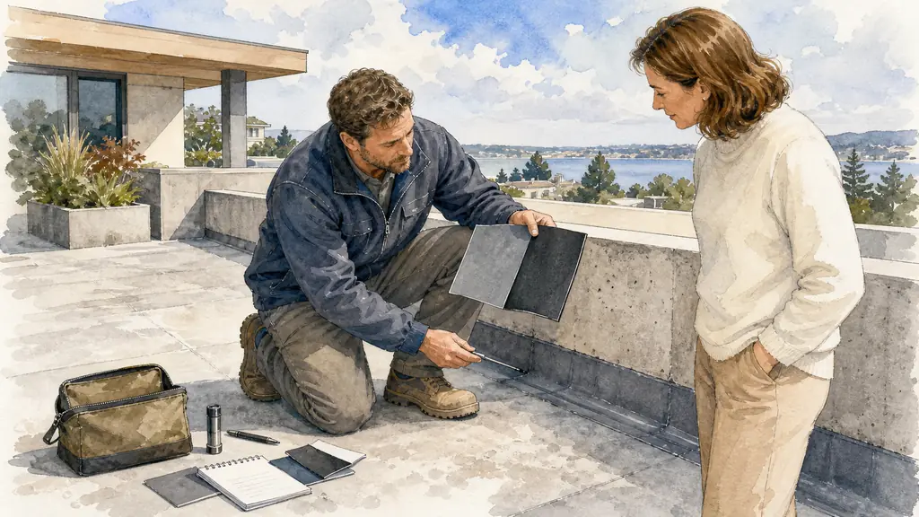 Waterproofing contractor performing a probe beside a concrete roof terrace parapet while showing PVC and EPDM membrane samples to a homeowner, editorial photography, no text, no logo