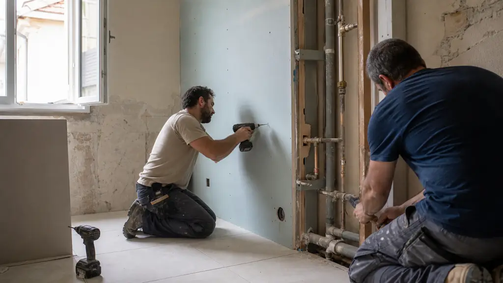 Editorial photograph of tradespeople installing plasterboard beside exposed plumbing pipes and newly laid floor tiles in a bathroom renovation, natural light, no text, no logo