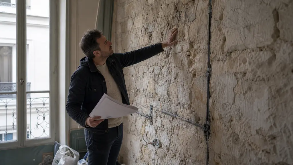 Editorial photograph of a renovation professional inspecting moisture on an exposed stone wall inside an old apartment, with electrical conduits visible and building plans held in hand, natural light, no text, no logo