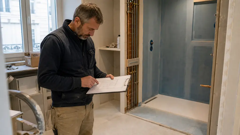 A site supervisor checking a bathroom renovation plan beside exposed water pipes, an extra-flat shower tray, and freshly applied waterproofing membrane, editorial photography, no text, no logo