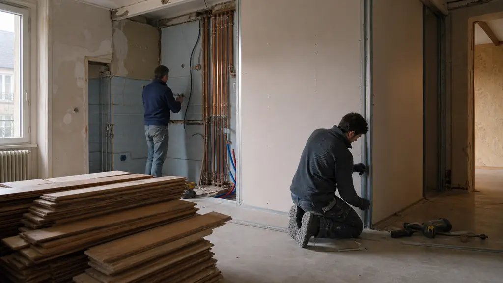 renovation crew installing plasterboard partition beside exposed plumbing and stacked parquet flooring in a 1970s house interior, editorial photography, no text, no logo