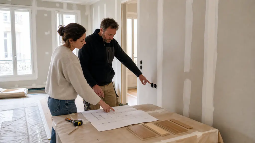 homeowner and site manager checking electrical outlets on a floor plan beside newly installed plasterboard partitions and protected parquet samples, editorial photography, no text, no logo