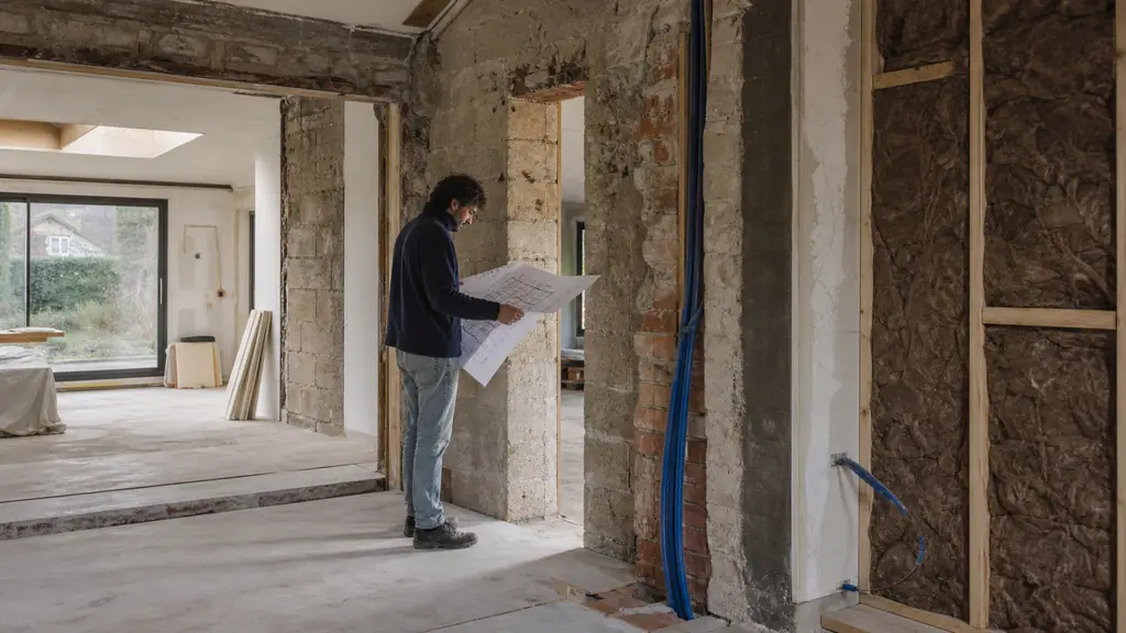Editorial photograph of a 1970s house renovation site showing an architect reviewing extension plans beside exposed load-bearing masonry and newly installed insulation, no text or logo