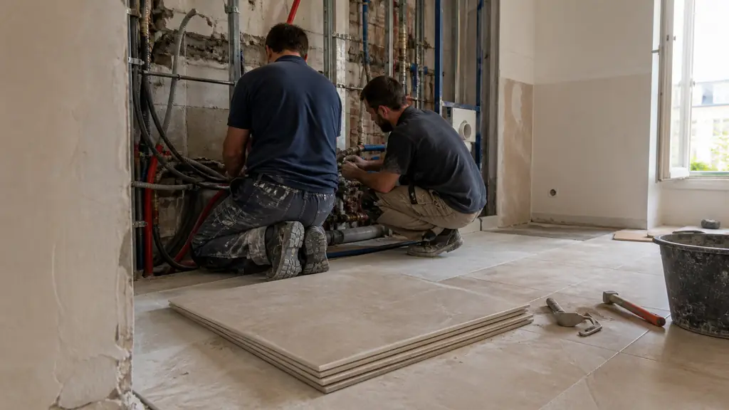 Renovation workers installing plumbing pipes and electrical wiring behind a bathroom partition, with floor tiles ready for laying, realistic editorial photography, no text, no logo