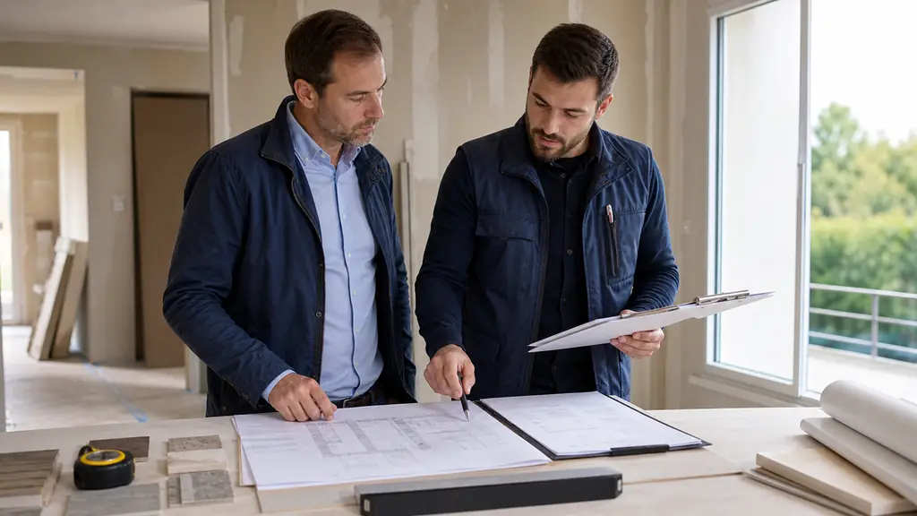 Homeowner and construction manager reviewing a detailed trade-by-trade quotation and renovation schedule during a site visit, with written reservations checklist on a clipboard, realistic editorial photography, no text, no logo