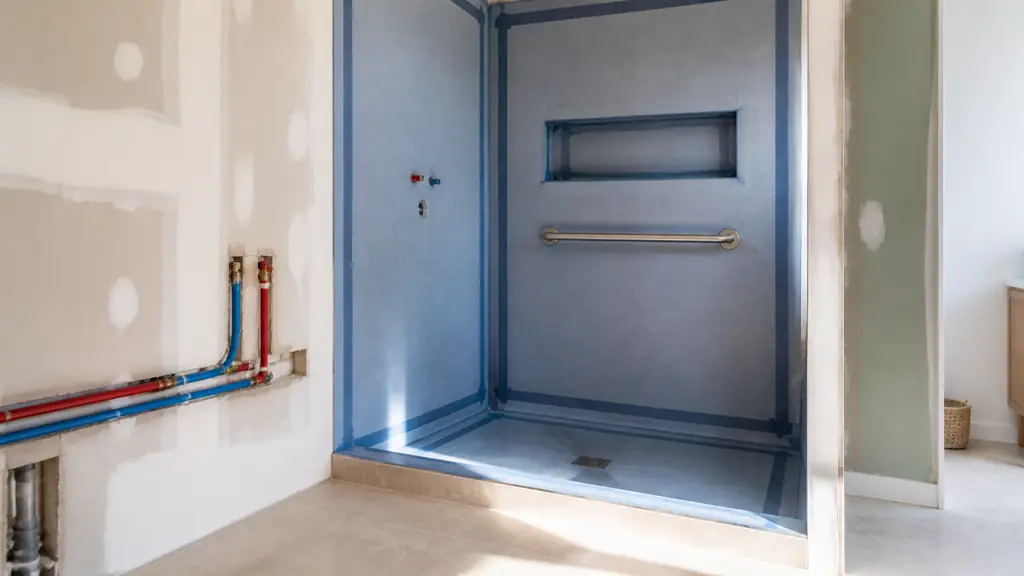 Editorial photograph of a bathroom renovation in progress, showing a walk-in shower waterproofing membrane, newly positioned water pipes and a wall-mounted grab bar, natural light, no text, no logo