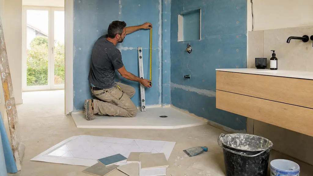 Editorial photograph of a bathroom renovation site inspection, showing a contractor measuring a shower area, waterproofing membrane on the wall and a tile layout plan on the floor, natural light, no text, no logo