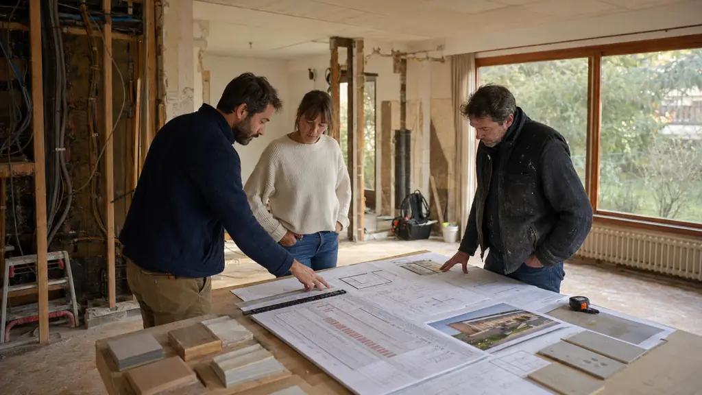 homeowner reviewing renovation floor plans and a detailed work schedule with an architect and a building contractor inside a partially renovated 1970s house, exposed electrical wiring and insulation visible