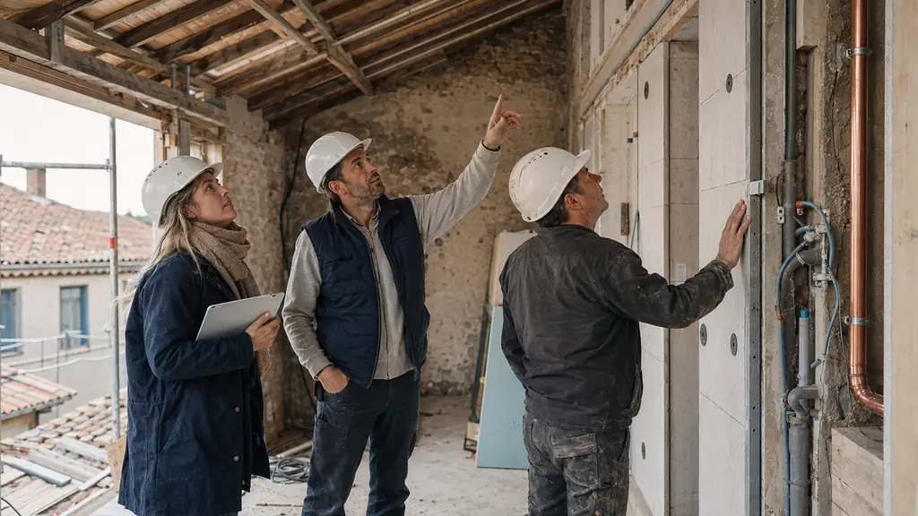 building professionals inspecting exposed roof framing, exterior insulation panels and newly installed plumbing inside a partially renovated house, editorial photography, no text, no logo