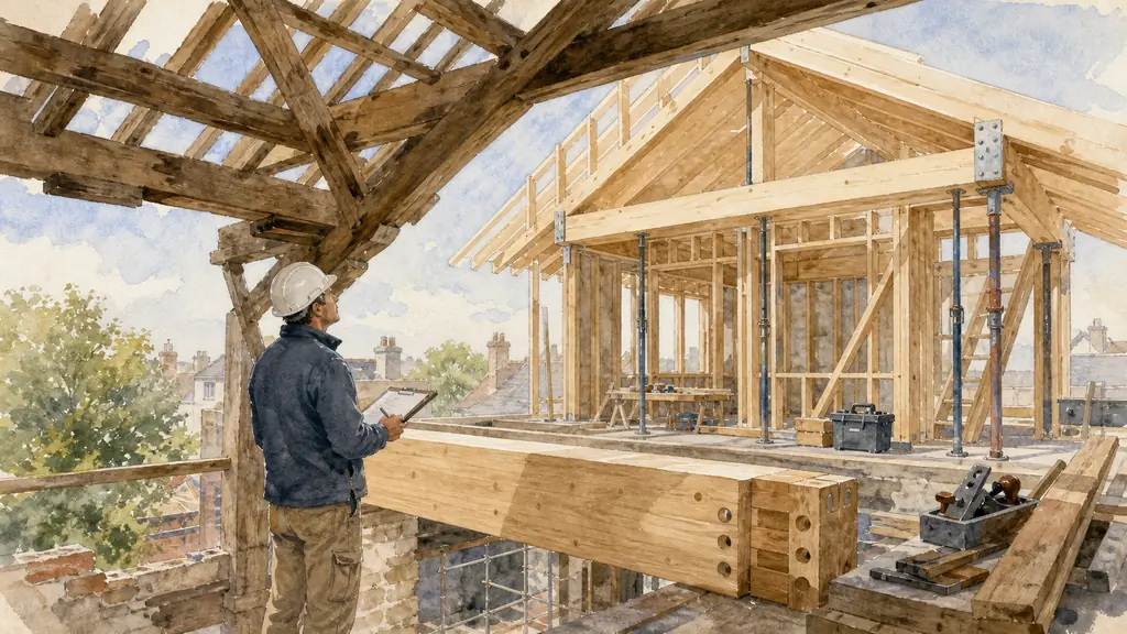 Structural engineer inspecting an exposed traditional timber roof frame beside a laminated timber beam and a partially assembled wood-frame upper-storey structure, editorial photography, no text, no logo