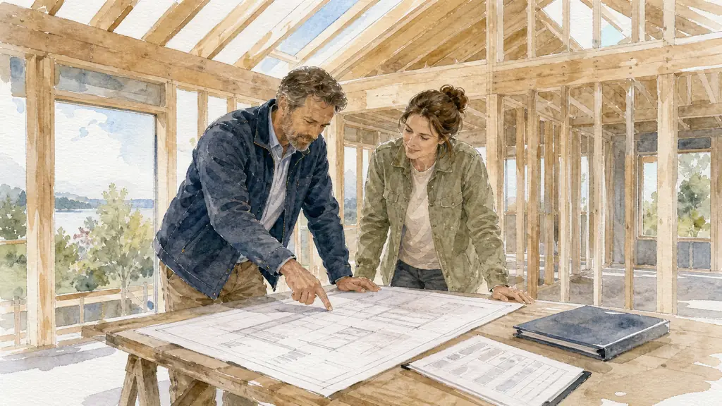 Homeowner and project manager reviewing structural plans, a building permit folder and a reception checklist inside a newly built timber-frame upper storey, editorial photography, no text, no logo