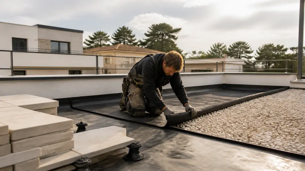 Roofer installing a black EPDM membrane beside stacked concrete pavers on plots and a section of rolled gravel on a flat residential roof, editorial photography, no text, no logo