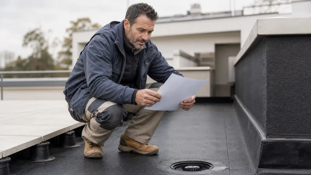 Roofing contractor reviewing an itemized quote beside a bituminous membrane upstand, a roof drain and concrete pavers on plots, editorial photography, no text, no logo