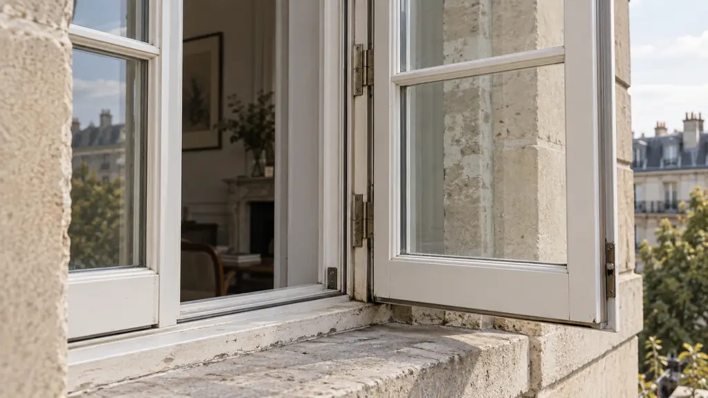 Close-up editorial photograph of an open window showing the fixed frame anchored to the masonry, the hinged sash with visible glazing beads, and the upper and lower horizontal rails, no text or logo
