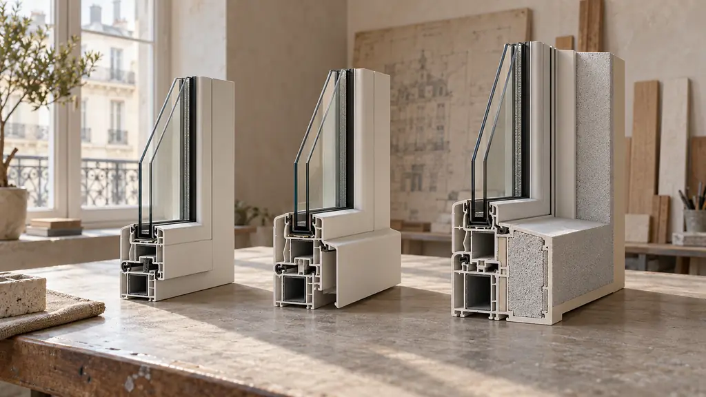 Editorial photograph of three window frame profile samples side by side, showing a standard frame, a renovation frame with a wide overlap fin, and a monobloc frame with an integrated insulation extension, no text or logo