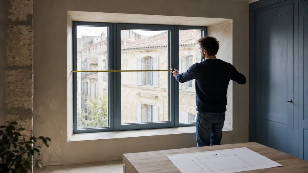 homeowner measuring a three-panel window opening with a tape measure, product sheet showing height by width dimensions nearby, visible masonry embrasure, no text or logo