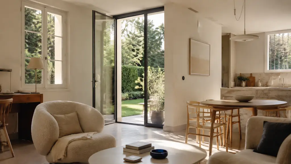 bright living room with a two-panel window beside a desk, large glazed patio door opening to a garden, kitchen worktop visible beneath a raised window, no text or logo