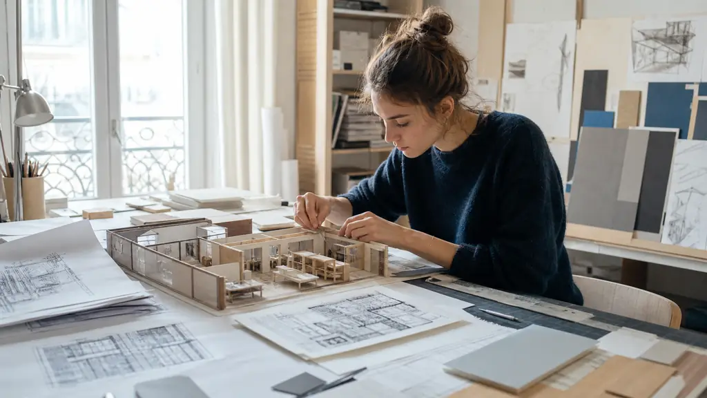 Interior design student creating a scale model beside hand-drawn sketches and detailed 2D floor plans in a bright studio, editorial photography, no text, no logo