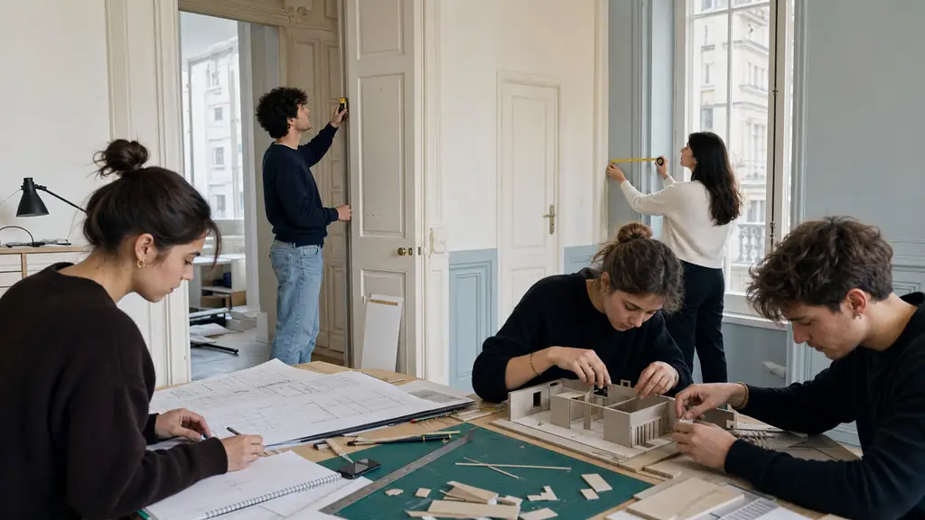 Interior design students measuring an existing room, reviewing technical floor plans and assembling a scale model during a studio workshop, editorial photography, no text, no logo