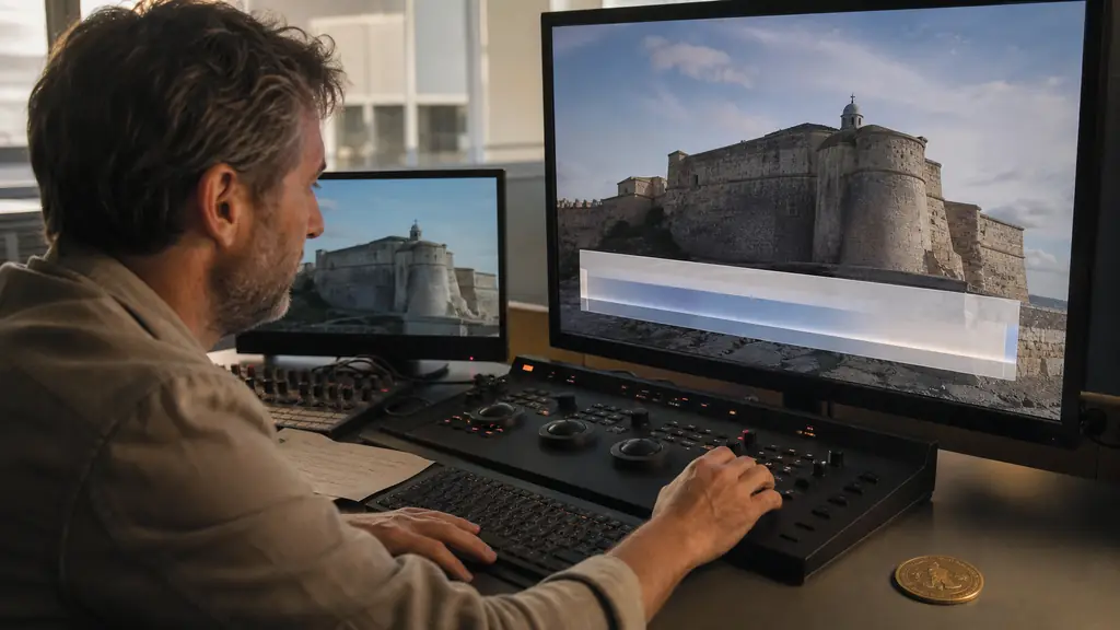television graphics editor arranging a compact translucent horizontal graphic over stone fortress footage, with a gold coin prop beside a replay thumbnail screen, no text or logo