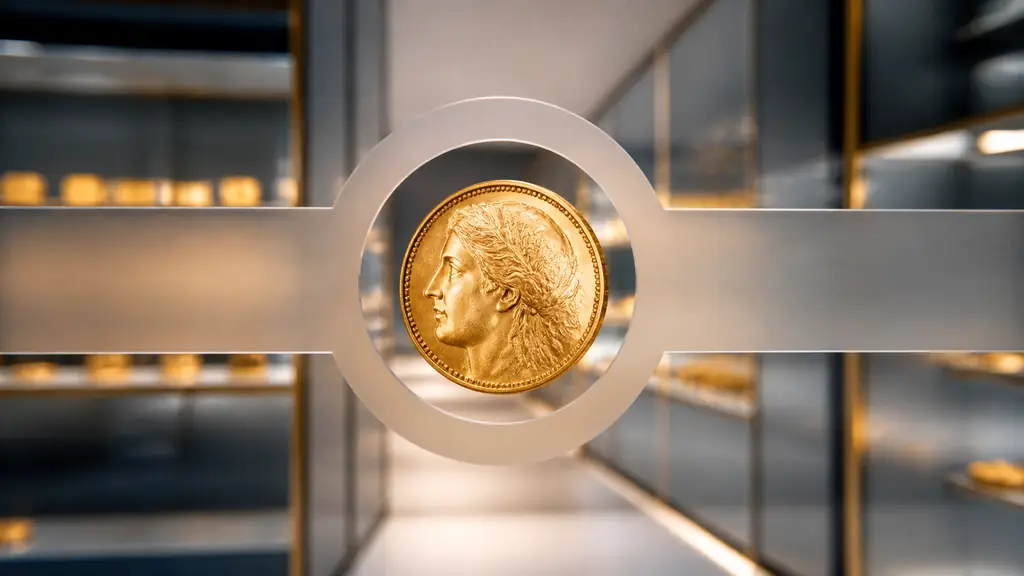 close-up of a gold coin centered inside a circular letter-shaped cutout on a translucent horizontal screen overlay, with a softly lit treasure room gate in the background, no text or logo