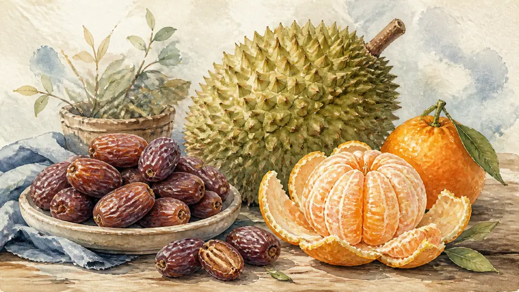 close-up editorial photograph of dates beside a spiky durian and a peeled Japanese dekopon on a wooden market table