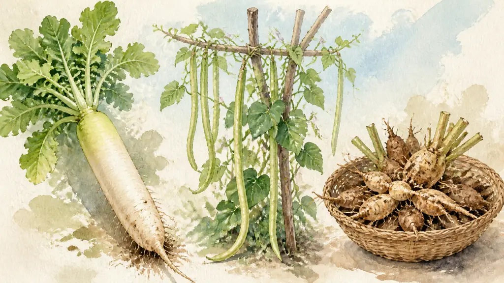 editorial garden photograph showing a freshly pulled long white daikon, climbing yardlong bean pods on a wooden trellis, and harvested dahlia tubers in a wicker basket