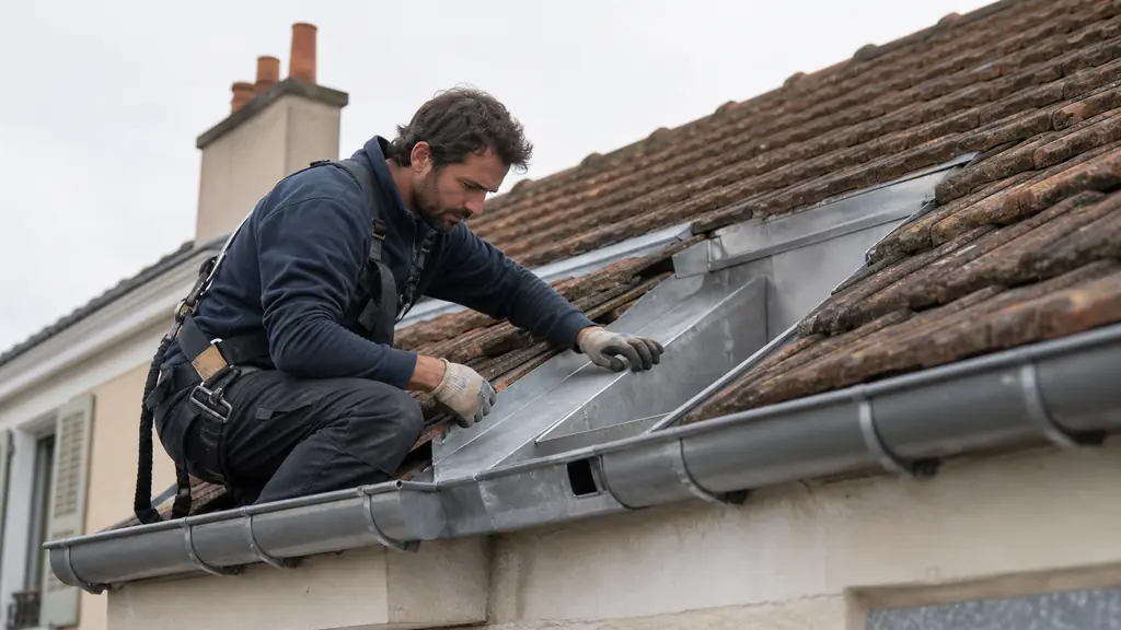 Roofer inspecting an inset zinc box gutter between two roof slopes, with a visible overflow opening and adjacent hook-mounted rain gutter, editorial photography, no text, no logo