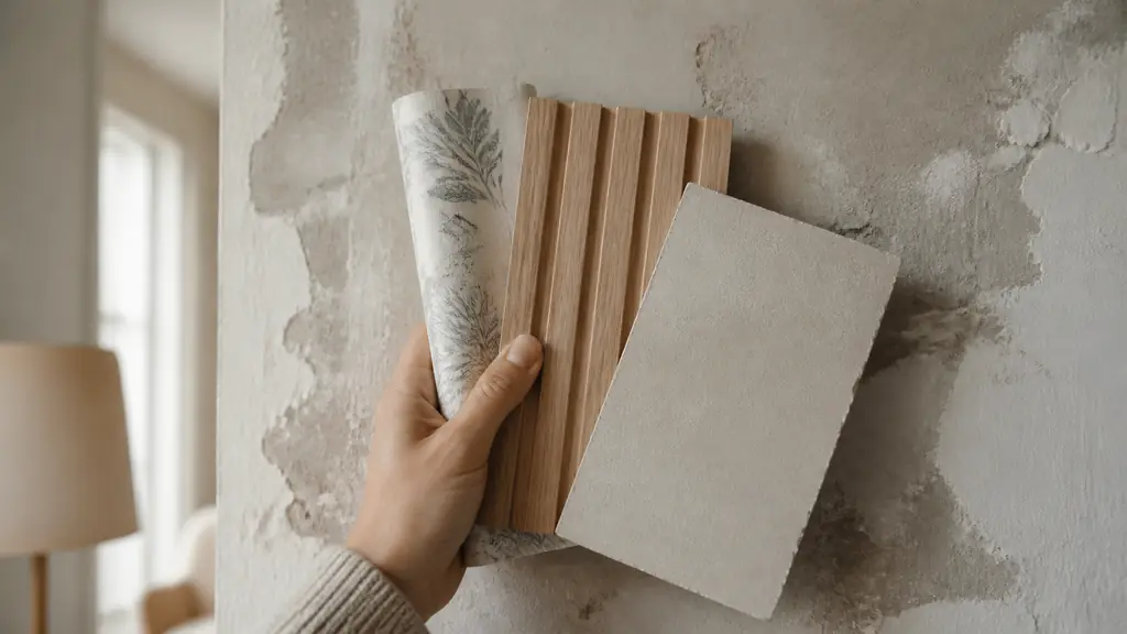 close-up editorial photograph of a hand comparing a botanical wallpaper sample, a light oak slat panel and a mineral plaster swatch against an unfinished interior wall, natural daylight, no text or logo
