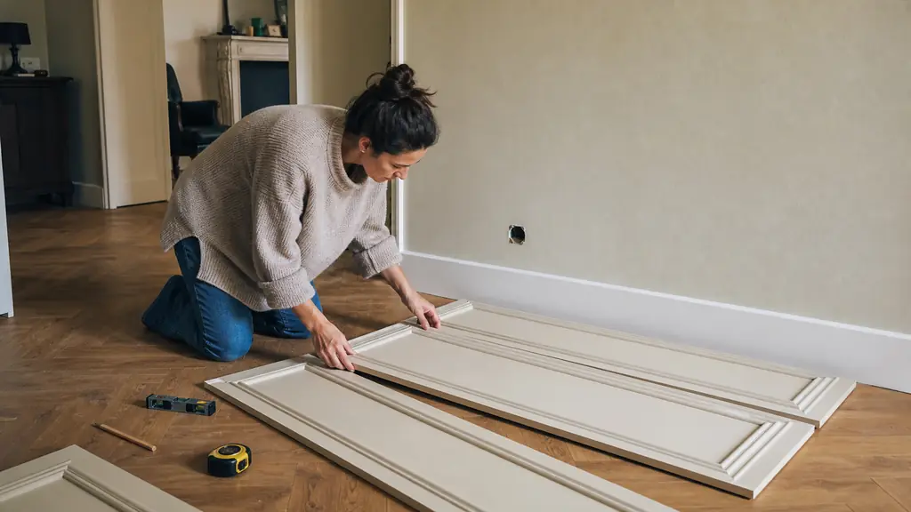 editorial photograph of a homeowner arranging matching decorative wall panels on the floor beside a measured interior wall, with skirting boards and a doorway visible, natural daylight, no text or logo