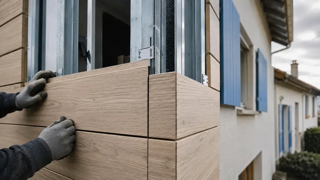 Close-up editorial photograph of exterior wood-look wall panels being installed on a 1970s house, showing a ventilated air gap, metal fixings and a neatly finished corner, natural daylight, no text, no logo