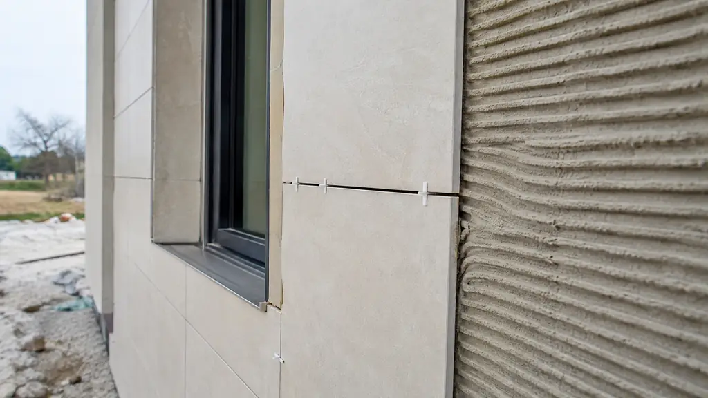 Editorial close-up photograph of frost-resistant ceramic tiles being installed on an exterior entrance wall, showing adhesive ridges, aligned joints and a carefully finished window edge, natural daylight, no text, no logo