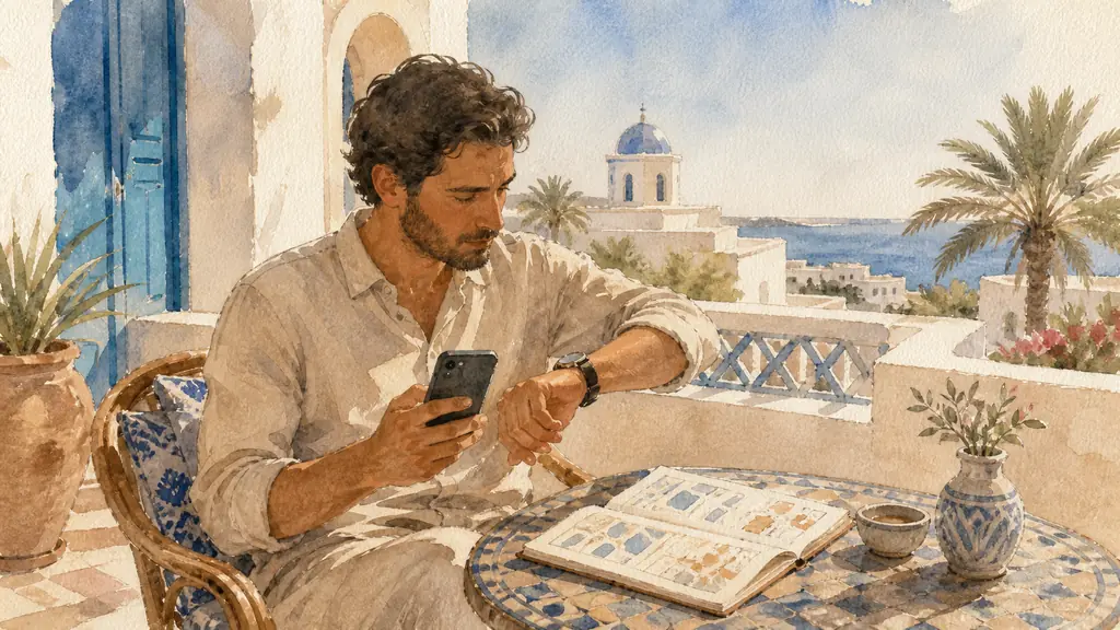 A traveler on a Djerba hotel terrace comparing a smartphone with a wristwatch beside an open travel itinerary, warm Mediterranean daylight, editorial photography, no visible text or logos