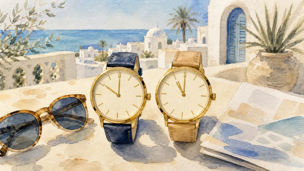 Two analog wristwatches on a Djerba terrace showing a one-hour difference, beside summer sunglasses and a Paris travel itinerary with no readable text, warm editorial photography, no text or logos