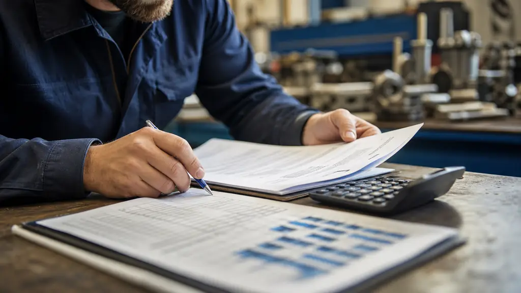Close-up editorial photograph of a contractor reviewing a mechanical maintenance contract beside a calculator and an INSEE labor cost index table, with metal workshop components in the background, no visible text or logo