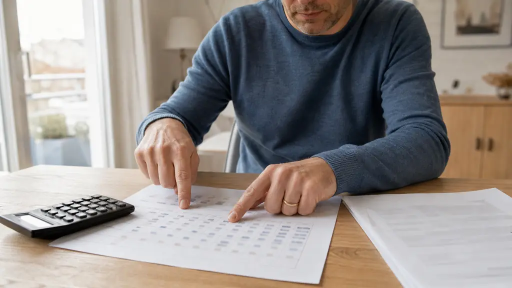 Editorial photograph of a homeowner comparing a two-year monthly index table on paper, pointing to the December values with a calculator beside the contract, no visible text or logo