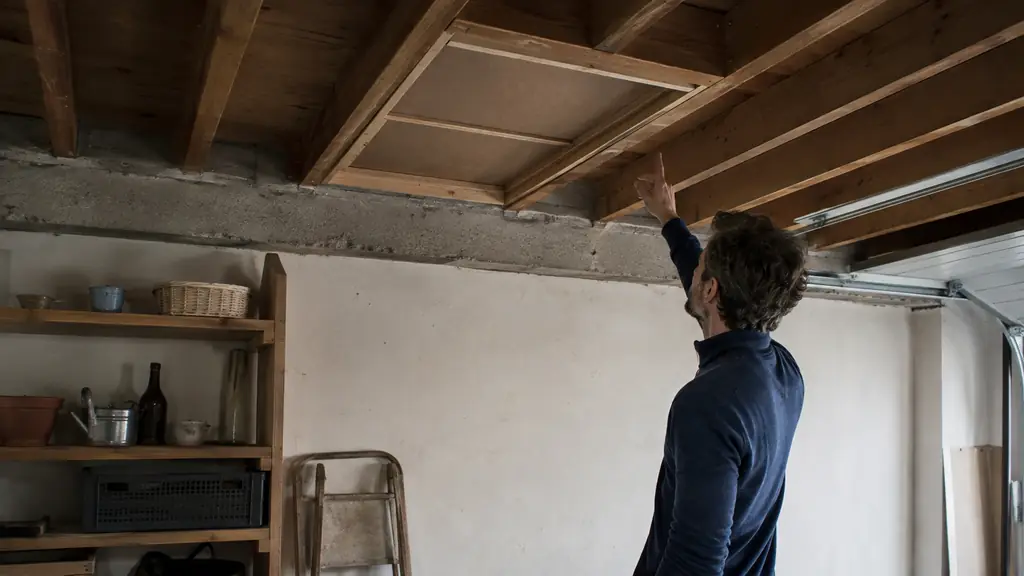 homeowner inspecting exposed timber joists from a garage below, with a cold attic hatch and concrete slab edge visible nearby, editorial renovation photography, no text, no logo