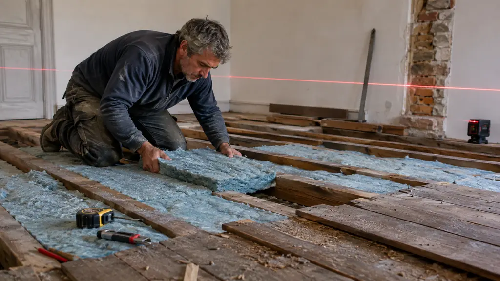 craftsperson fitting semi-rigid insulation between exposed timber joists beneath a carefully lifted nailed parquet floor, with a laser level checking the future raised floor height, editorial renovation photography, no text, no logo