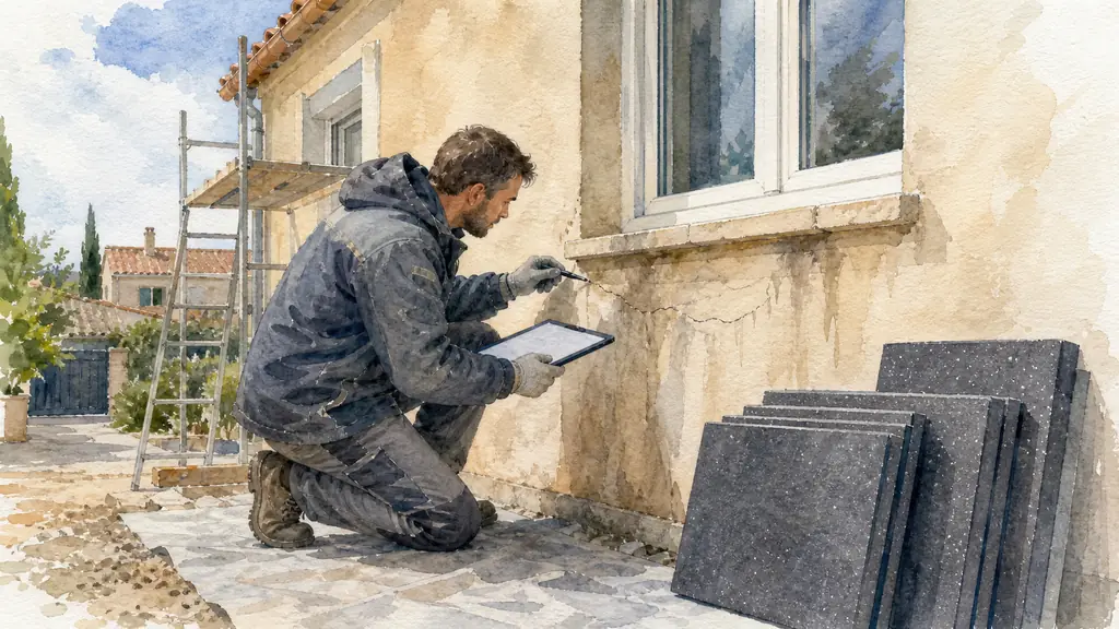 Editorial photograph of a technician inspecting cracks and moisture marks around a window junction on the exterior wall of a family villa in L'Union, with graphite insulation panels ready for installation nearby, no text, no logo
